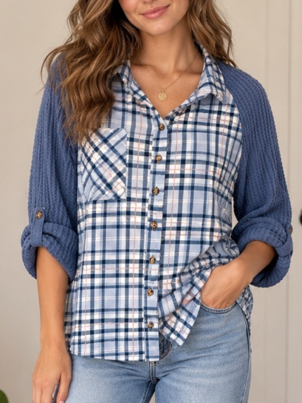 Above and Beyond Blue Plaid Mixed Media Sweater Sleeve Button Down Top S